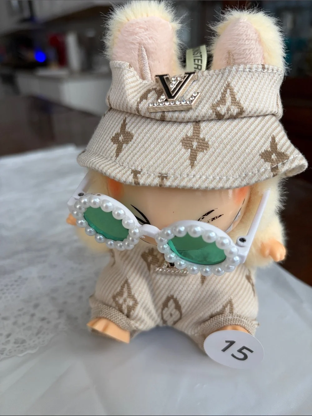 #15, Two Piece Light Brown LV Logo Outfit and Glasses For Labubu doll(No Doll)